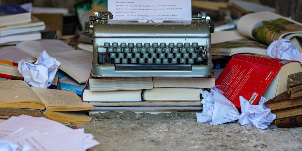 Surreal, high-contrast image of a vintage typewriter on a modern table where the typed ribbon turns into a river of connected pages that flows through the room. Small chapter markers—polaroids, sketches, and index cards—float on the paper river like boats. Bright window light from the side and a shallow depth of field keeps focus on the typewriter and the first sheets while the paper stream blurs into the distance.