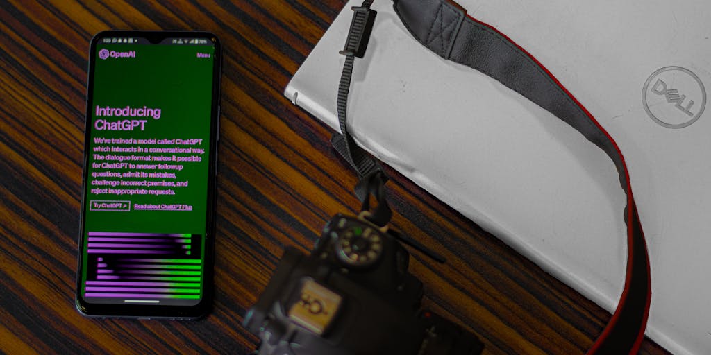 Overhead flat-lay of a busy creator workspace: a laptop screen displaying a generative AI interface (text prompts, image previews, export options), DSLR camera, podcast microphone, color swatches, storyboard thumbnails, and a tablet with waveform visuals. Small paper notes appear to 'morph' into lines of code or image thumbnails mid-air (motion blur) to visualize ideation-to-output flow. Bright, organized composition with natural window light conveys productivity and multi-format content creation.