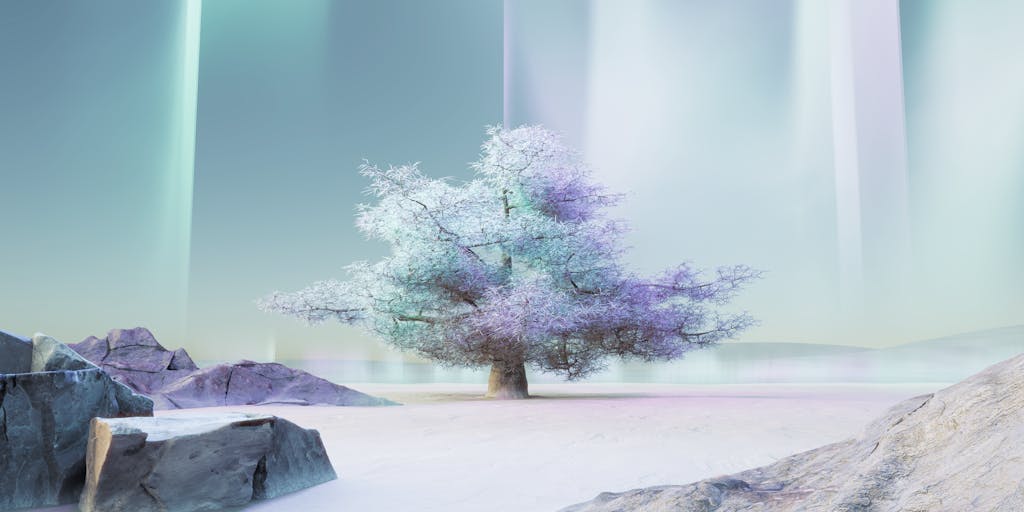 A whimsical surreal scene: a server stump labeled 'AI' sits in a lush digital garden where article pages and image thumbnails grow like leaves and flowers. Tag icons flutter like butterflies and a translucent website-layout sky forms the background. Bright, colorful, high-detail composition that visually represents organic, automated content generation.