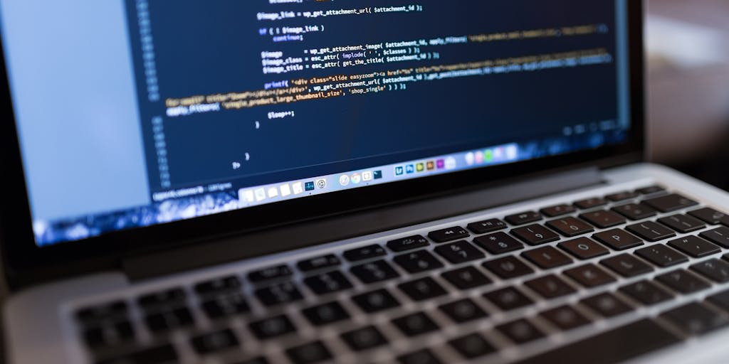 A close-up of a laptop screen showing the WordPress post editor with highlighted anchor text and semi-transparent glowing chain-link icons hovering between paragraphs, while a hand on the keyboard and a coffee cup sit in soft-focus foreground to convey active content editing and link placement.