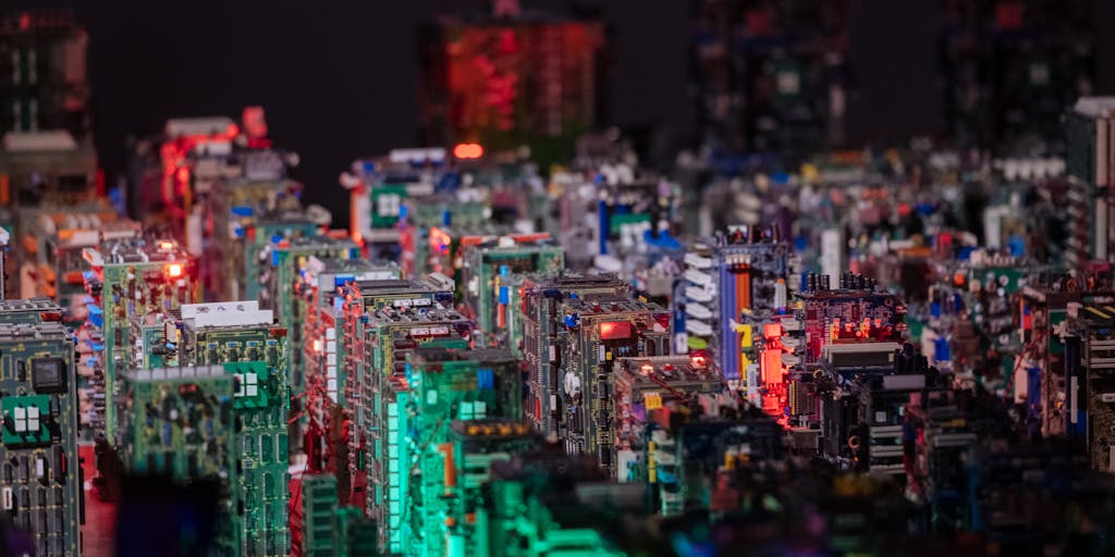 Metaphorical scene of a small-scale physical 'web' model: a tabletop with a miniature city of paper buildings (pages) connected by thin metal wires (links), with a tiny LED glowing at the target page to indicate incoming internal links.